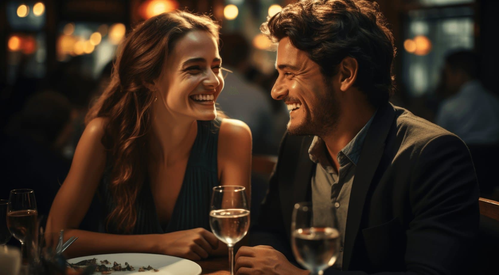 Couple enjoying intimate dinner with drinks at upscale restaurant venue.